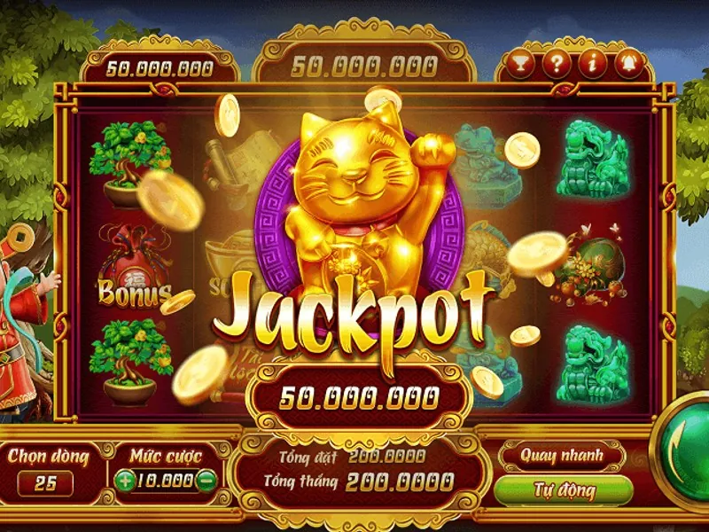 Hình ảnh máy đánh bạc (slot machine) với tiền xu và biểu tượng chiến thắng